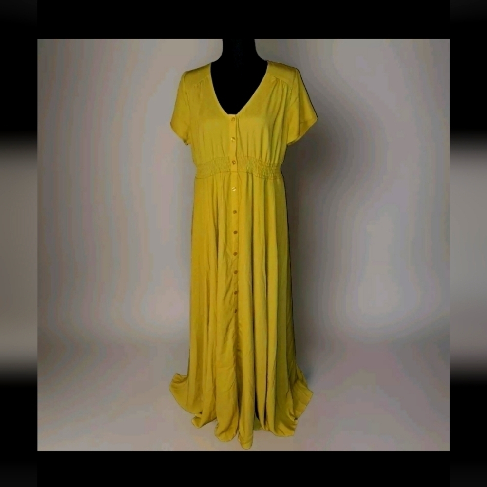 Polagram Mustard Yellow Maxi Dress Women's Large Long V-Neck Modest B20#18